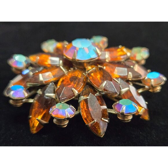 Vintage Amber, Aurora Borealis, Marquis and Round Rhinestone Brooch - Picture 6 of 6